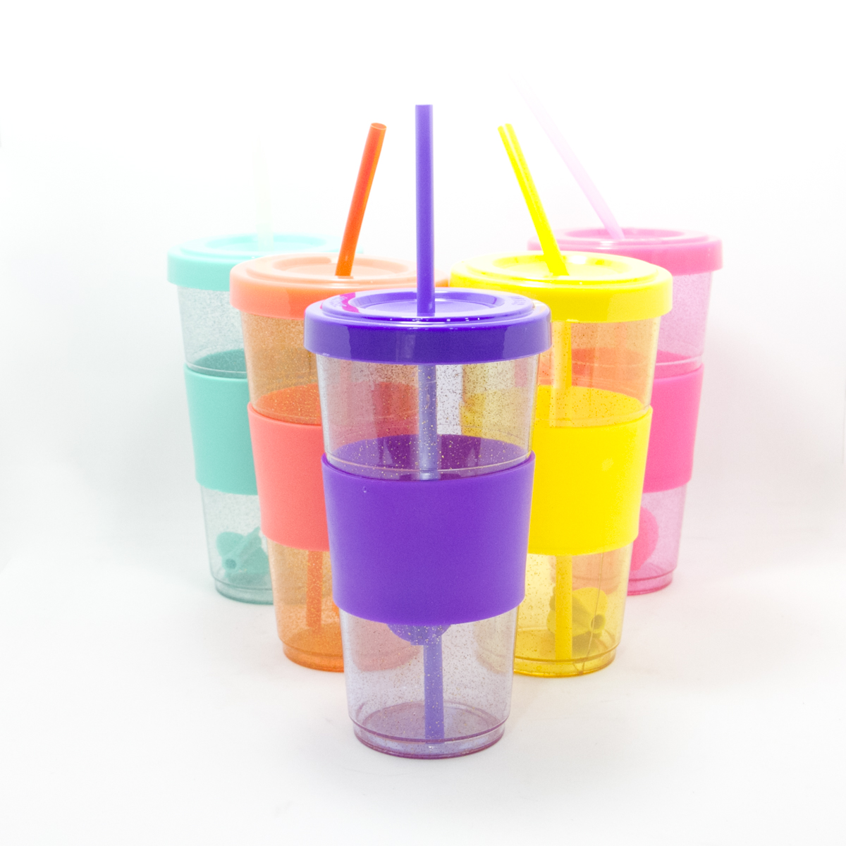 VASO ACRILICO INFANTIL CON GLITTER TAPA Y SORBETE 15CM