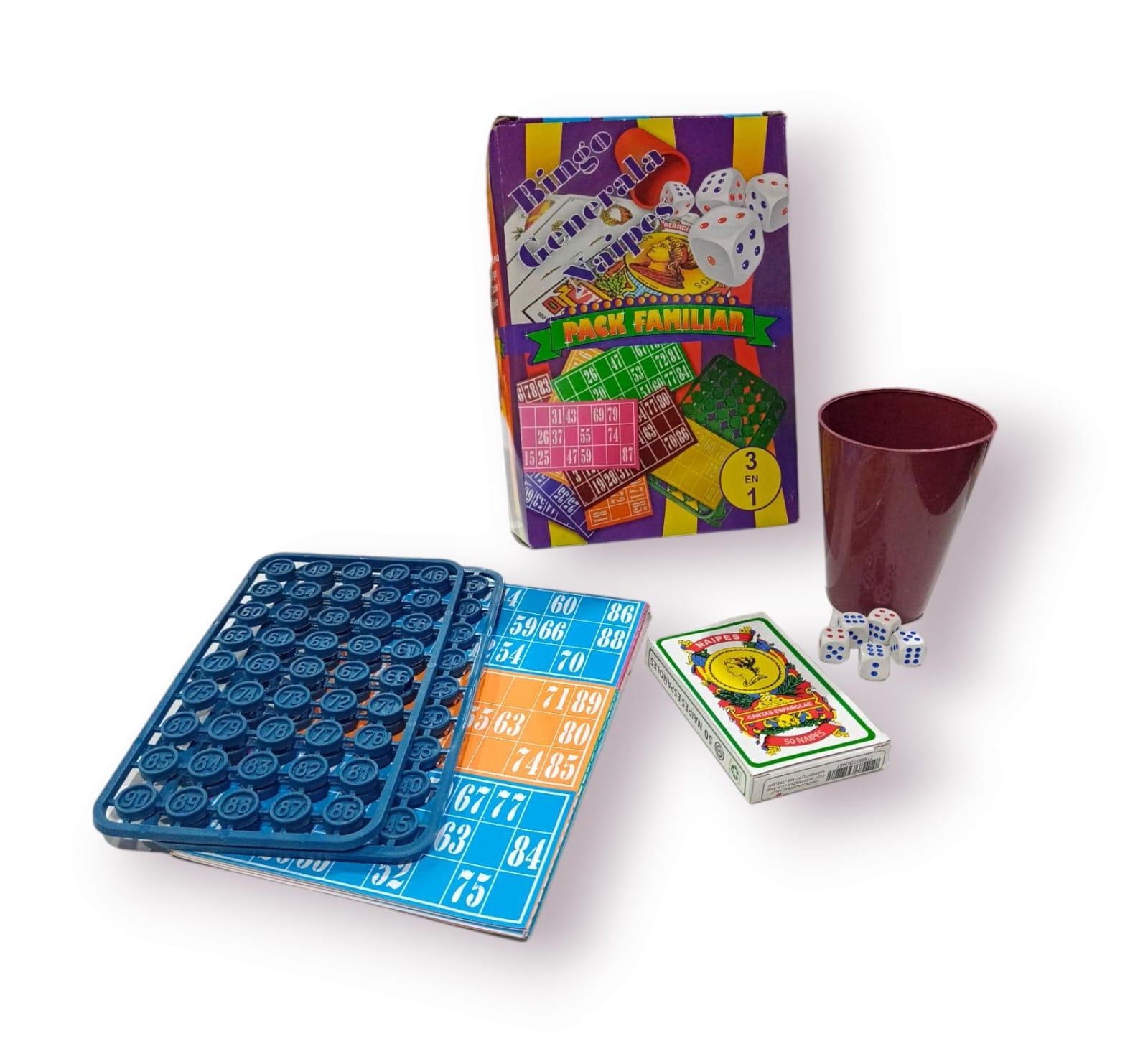 JUEGO DE BINGO PLASTICO + GENERALA + NAIPE - 3 JUEGOS EN 1