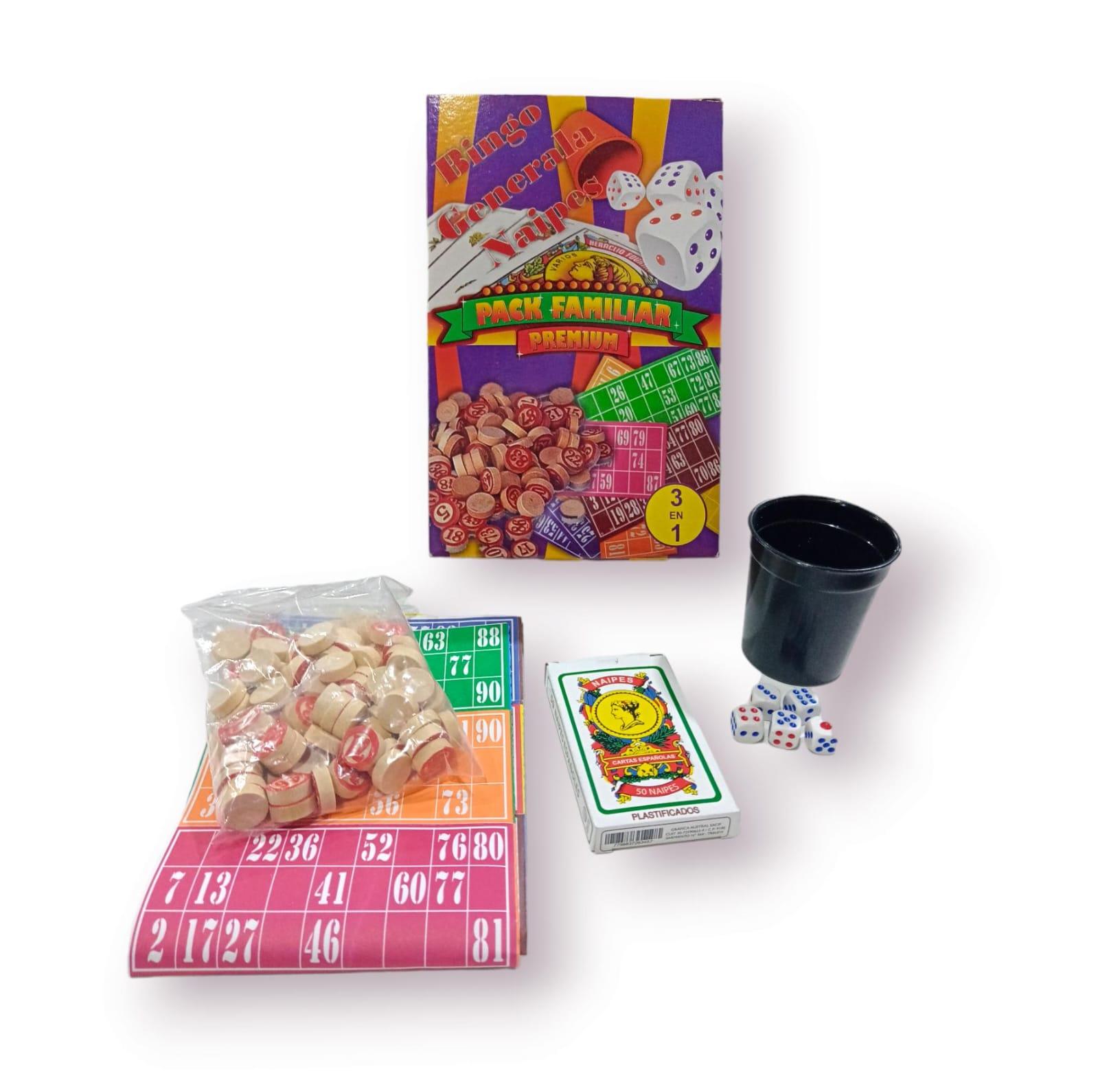 JUEGO DE BINGO CON BOLILLAS DE MADERA +GENERALA +NAIPE -3 JUEGOS EN 1
