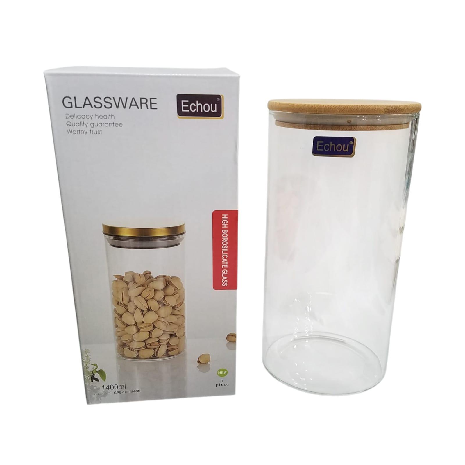 FRASCO VIDRIO 1.400ML CON TAPA SIMIL MADERA EN CAJA