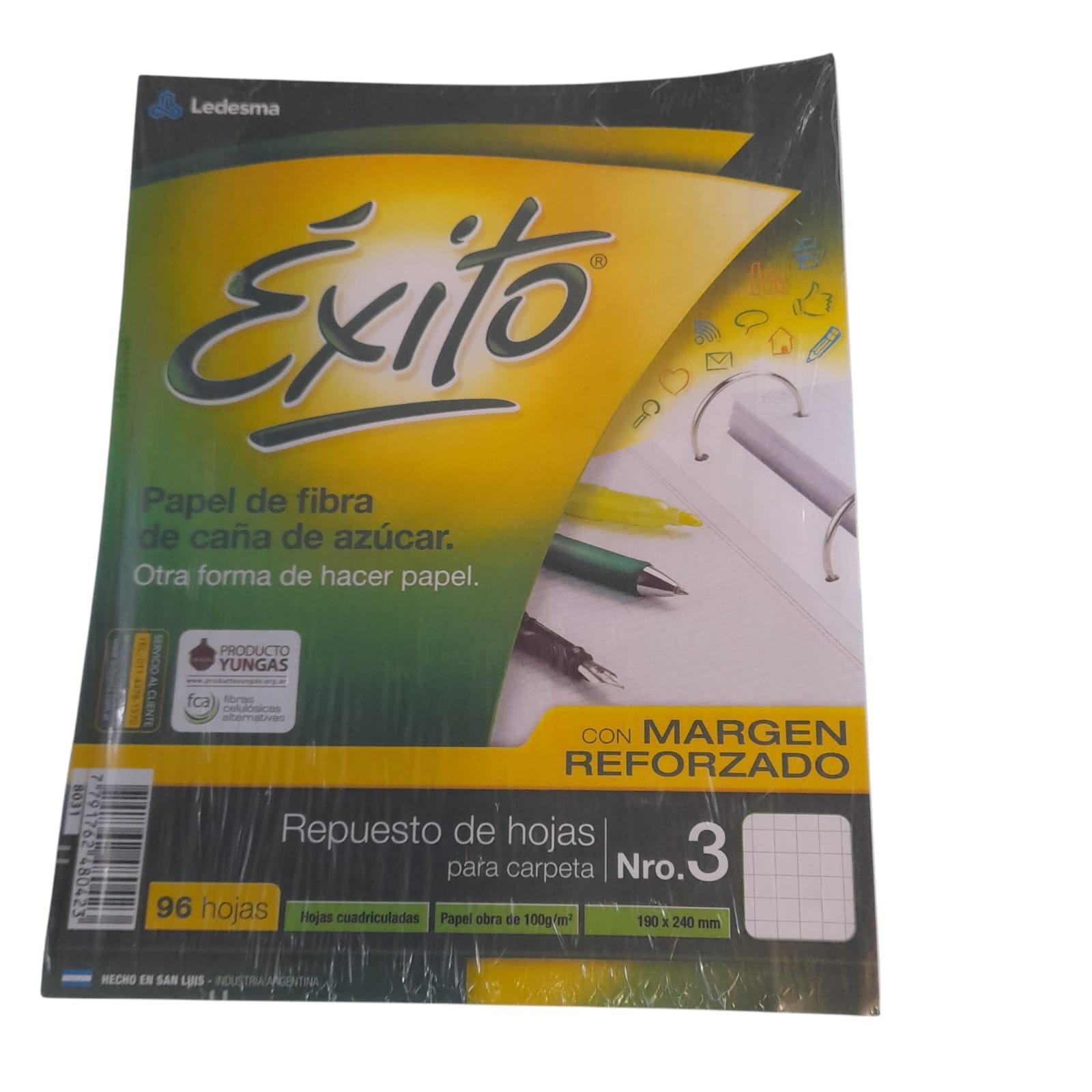 REPUESTO DE HOJAS N*3 CON MARGEN REFORZADO X 96 HOJAS CUADRICULADAS EXITO