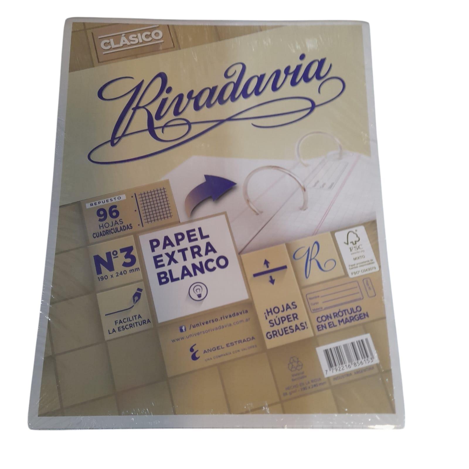 REPUESTO DE HOJAS N*3 X 96 HOJAS CUADRICULADAS RIVADAVIA