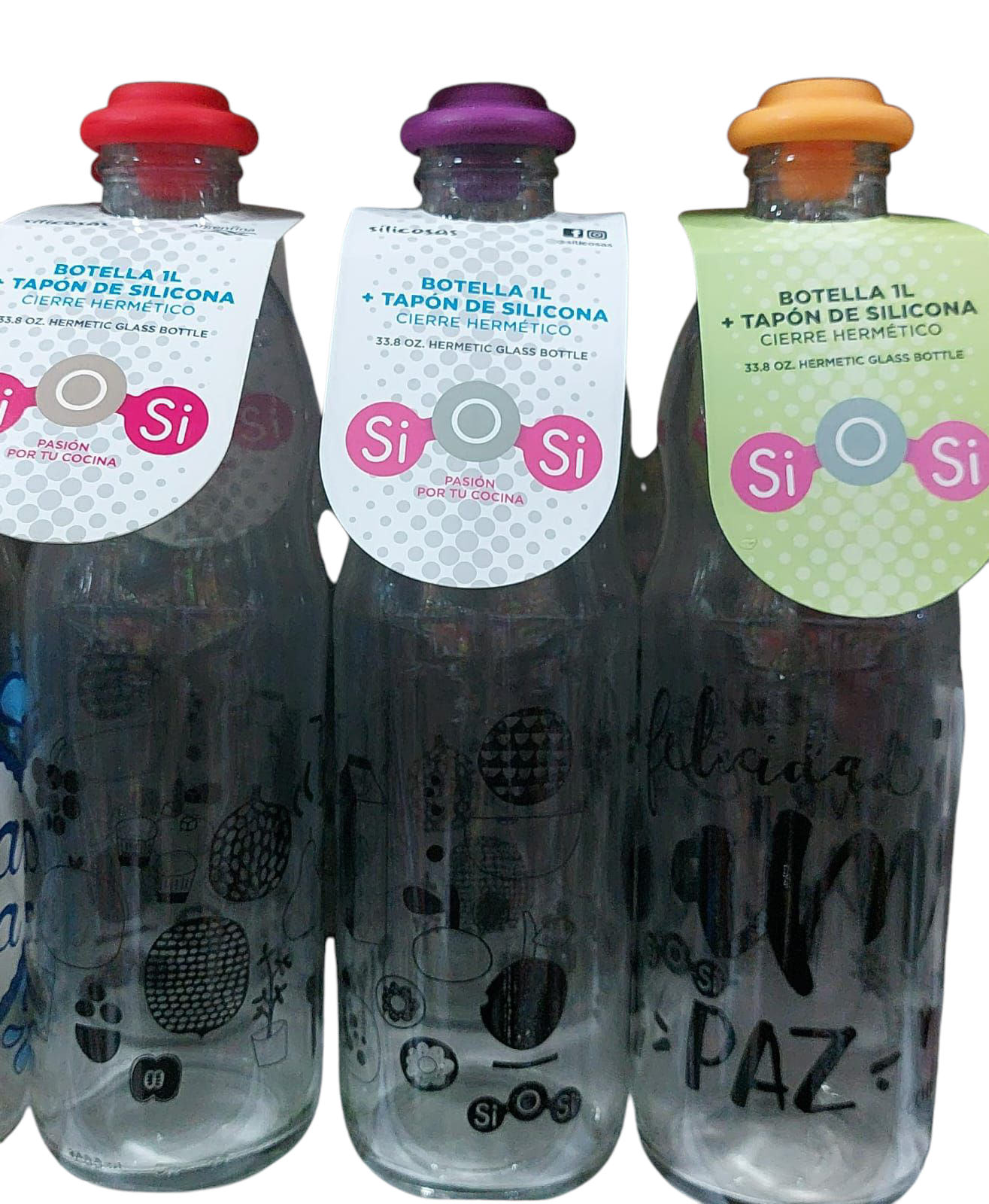 BOTELLA VIDRIO CON TAPON SILICONA ESTAMPADA 1LTS